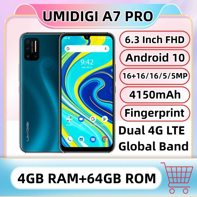 

UMIDIGI A7 Pro Mobile Phone Quad Camera Android 10 OS 6.3" FHD+ Full Screen 4GB RAM 64GB ROM LPDDR4X Octa Core Smartphone
