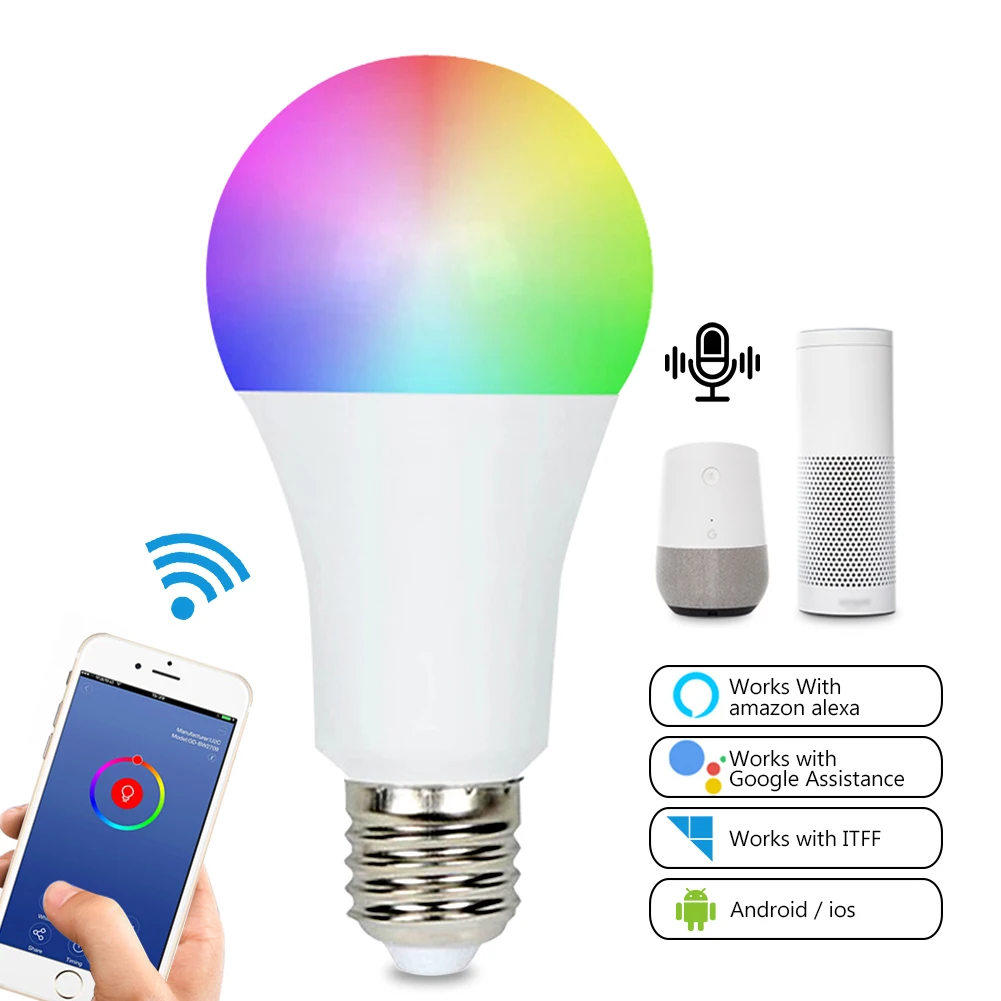 

9W WiFi Smart Light Bulb E26/E27 LED RGB Lamp Work with Alexa/Google Home 85-265V RGB+White Dimmable Timer Function Bulb