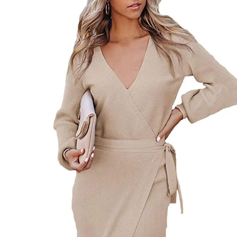 Chic Women Knitted Dress Tight Waist Anti-shrink Lady Spring Dress Mid-calf Length Winter Knitted Dress 
Chic Women Knitted Dress Tight Waist Anti-shrink Lady Spring Dress Mid-calf Length Winter Knitted Dress