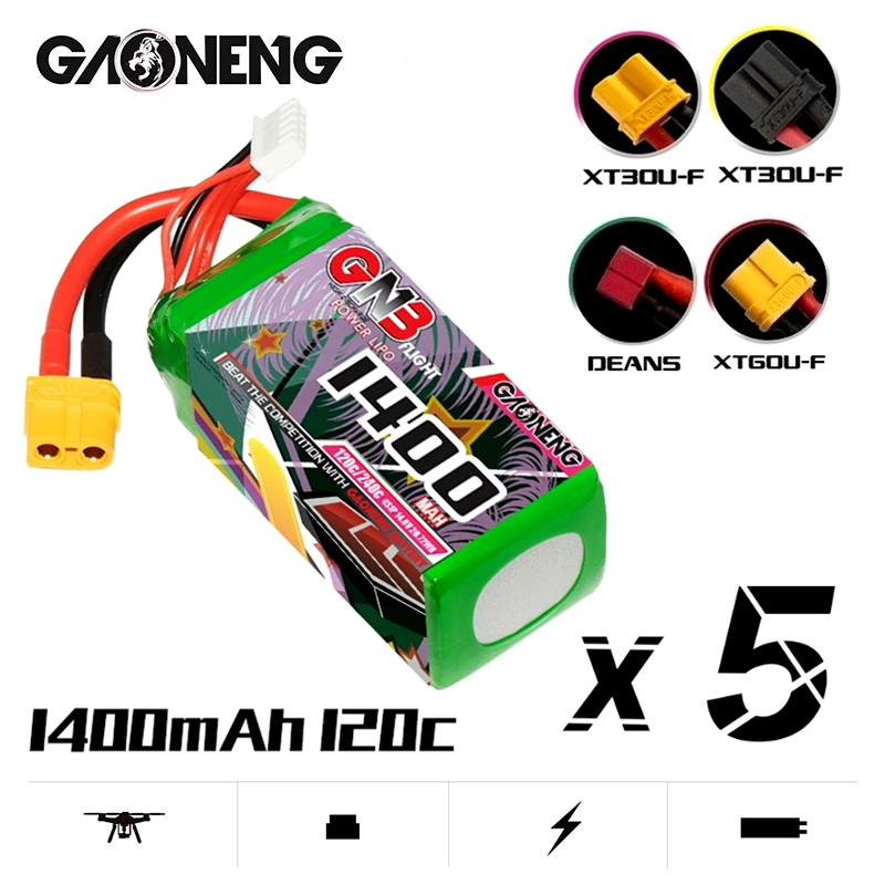 5PCS Gaoneng GNB 1400MAH 14.8V 4S 120C XT60/XT30/EC5 RC MAX240C LiPo Battery For Drone HV FPV Light Weight New Model High Rate
5PCS Gaoneng GNB 1400MAH 14.8V 4S 120C XT60/XT30/EC5 RC MAX240C LiPo Battery For Drone HV FPV Light Weight New Model High Rate