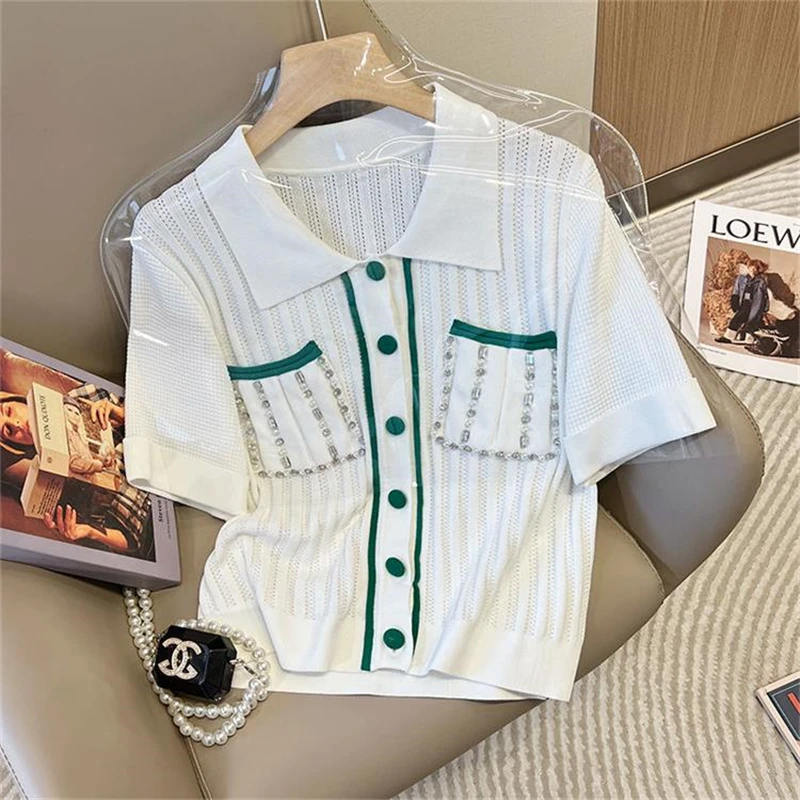 Thread Stripe Knitted T Shirts Pockets Diamond Chain Design Casual Summer Tops Turn Down Neck Classic Short Sleeve Jacket N397
Thread Stripe Knitted T Shirts Pockets Diamond Chain Design Casual Summer Tops Turn Down Neck Classic Short Sleeve Jacket N397