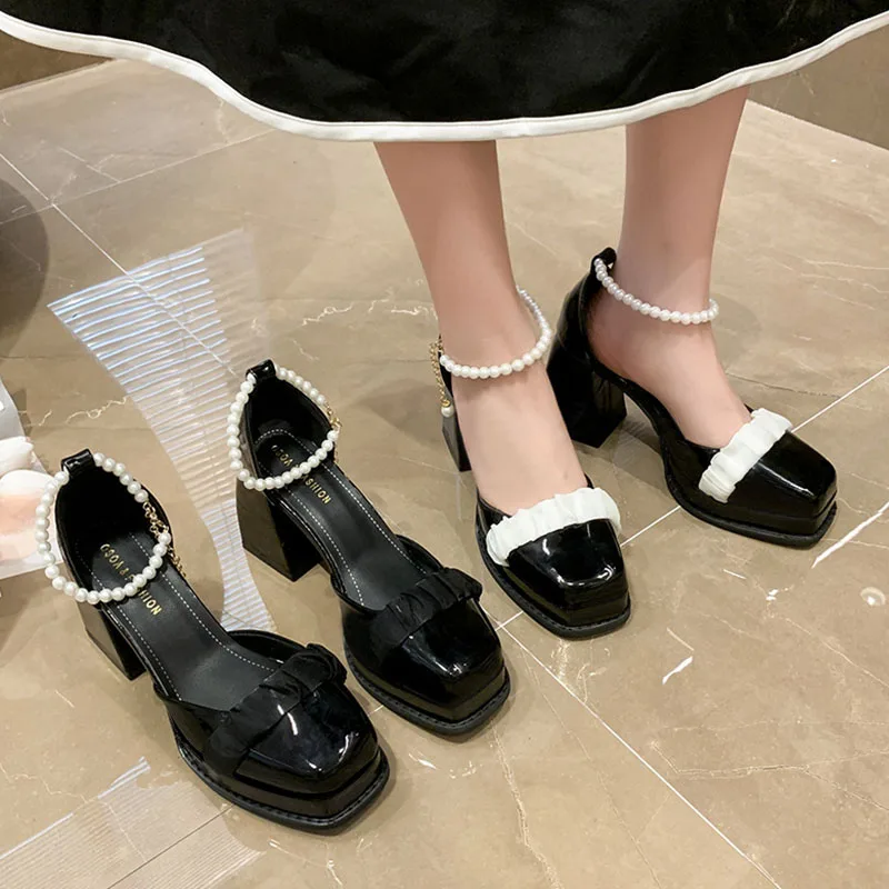 

African Woman Shoe Black Heels Chunky Sandals 2023 Square Toe Mary Jane Branded Pumps Burgundy Casual Block Latest Lolita Fashio
