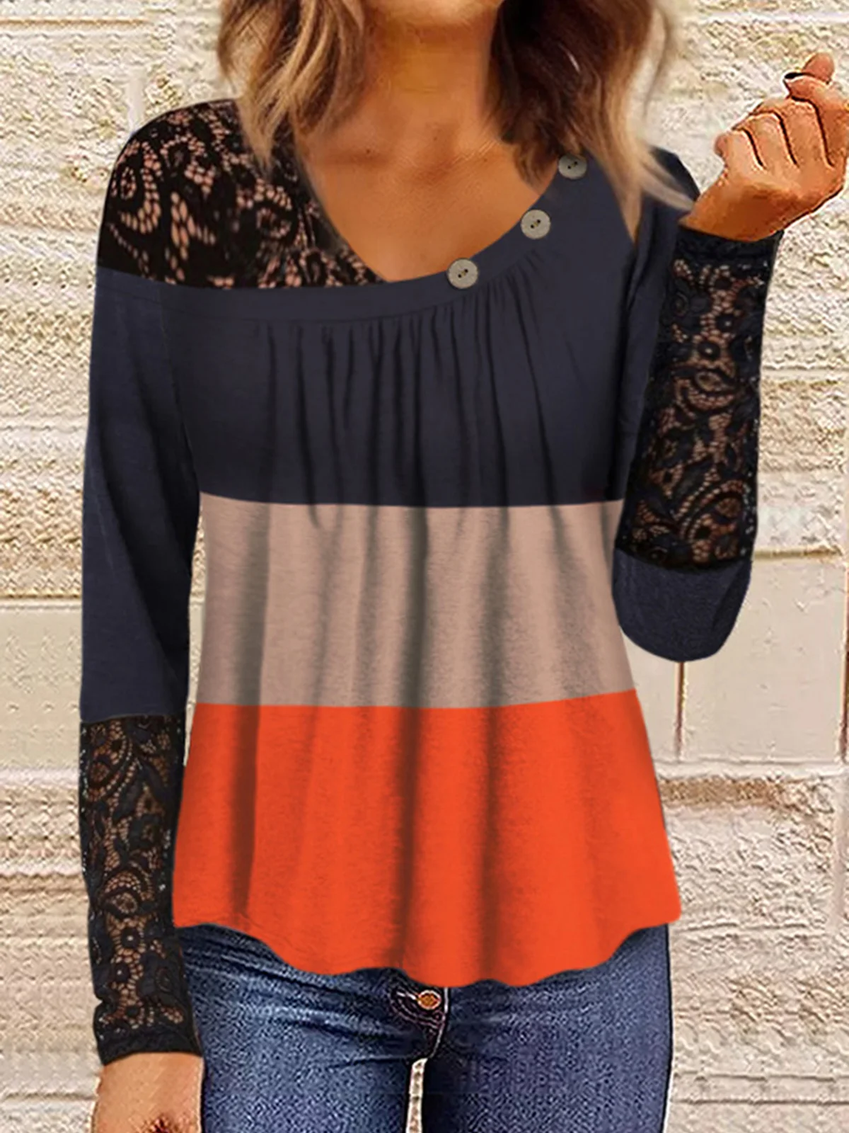 Autumn Winter Color Block Lace Ruffled Button Long Sleeve Blouse Breathable T-shirts Elegant Fashion Leisure Top For Ladies 
Autumn Winter Color Block Lace Ruffled Button Long Sleeve Blouse Breathable T-shirts Elegant Fashion Leisure Top For Ladies