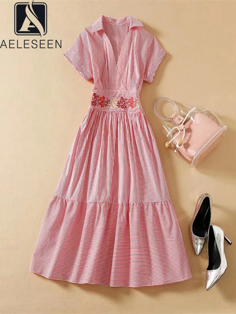 AELESEEN 2022 Summer Runway Fashion Dress Women Pink Short Sleeve Striped print Flower Embroidery Elegant Party Midi Vestidos 
AELESEEN 2022 Summer Runway Fashion Dress Women Pink Short Sleeve Striped print Flower Embroidery Elegant Party Midi Vestidos