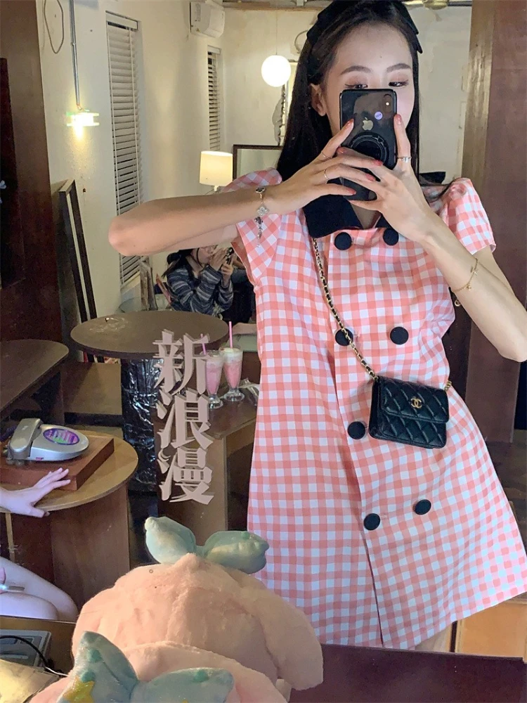 

Real Shot 2022 Summer New Korean Ins Double-breasted with Pocket Plaid Gentle Wind Puff Sleeve A-line Dress woman dress