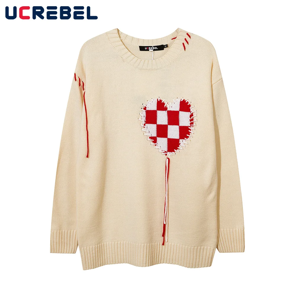 Retro Checkerboard Grid Heart Patch Sweater Mens Autumn Loose Round Neck Knitted Sweater Streetwear Contrast Pullover Men
Retro Checkerboard Grid Heart Patch Sweater Mens Autumn Loose Round Neck Knitted Sweater Streetwear Contrast Pullover Men
