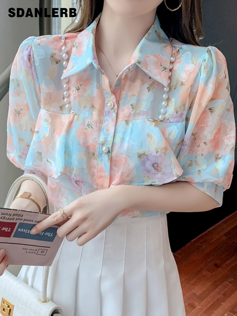 Pearl Chain Floral Button Up Shirt Women's Summer Western Style Gentle Sweet Lotus Leaf Chiffon Short Sleeve Top Blouse
Pearl Chain Floral Button Up Shirt Women's Summer Western Style Gentle Sweet Lotus Leaf Chiffon Short Sleeve Top Blouse