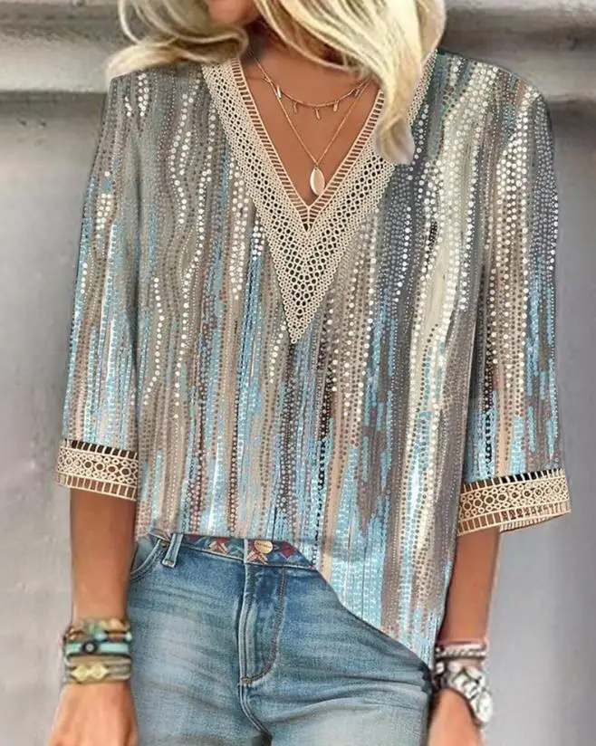 Women's T-Shirt Fashion 2023 Summer Abstract Print Lace Patch V-Neck Top New Y2K Pullover Basics Tee Streetwear Casual Bloues
Women's T-Shirt Fashion 2023 Summer Abstract Print Lace Patch V-Neck Top New Y2K Pullover Basics Tee Streetwear Casual Bloues