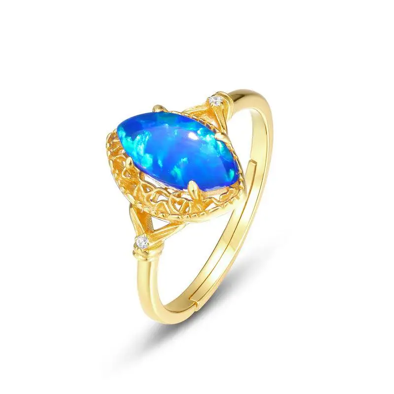 

Женское Обручальное кольцо с опалом, регулируемое кольцо из стерлингового серебра 925 пробы с позолотой 10 карат и голубым опалом, ювелирные украшения