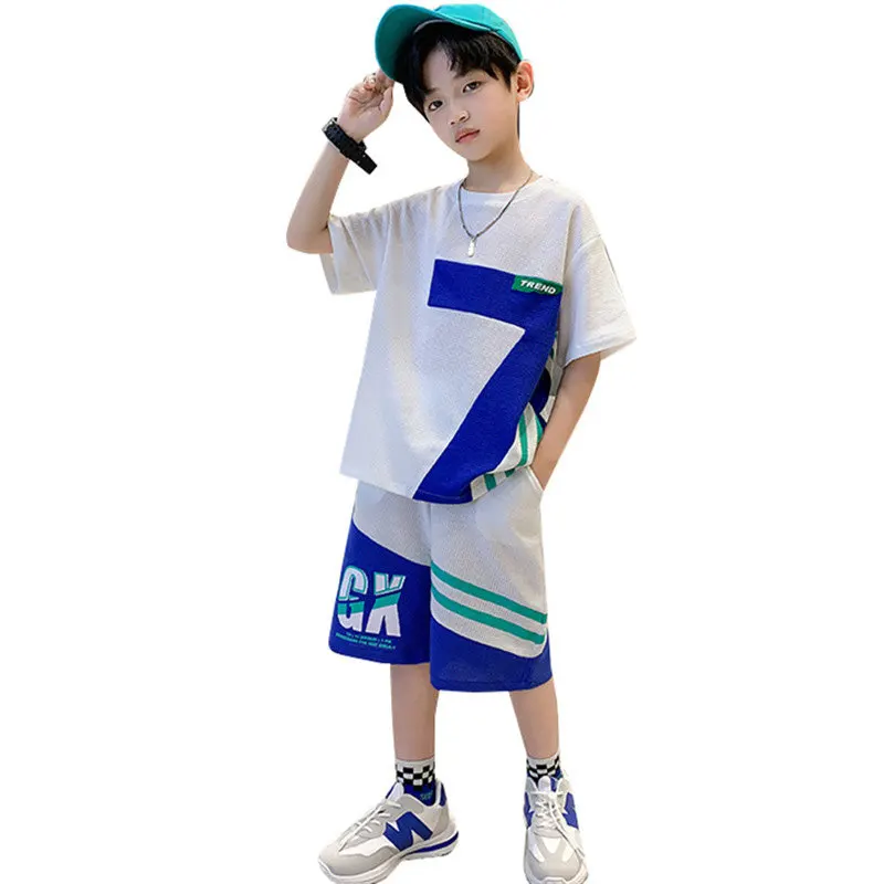 

Комплект летней одежды для мальчиков, кофта с надписью и свободные шорты, повседневная спортивная уличная одежда в Корейском стиле для детей 6, 8, 10, 12, 14 лет