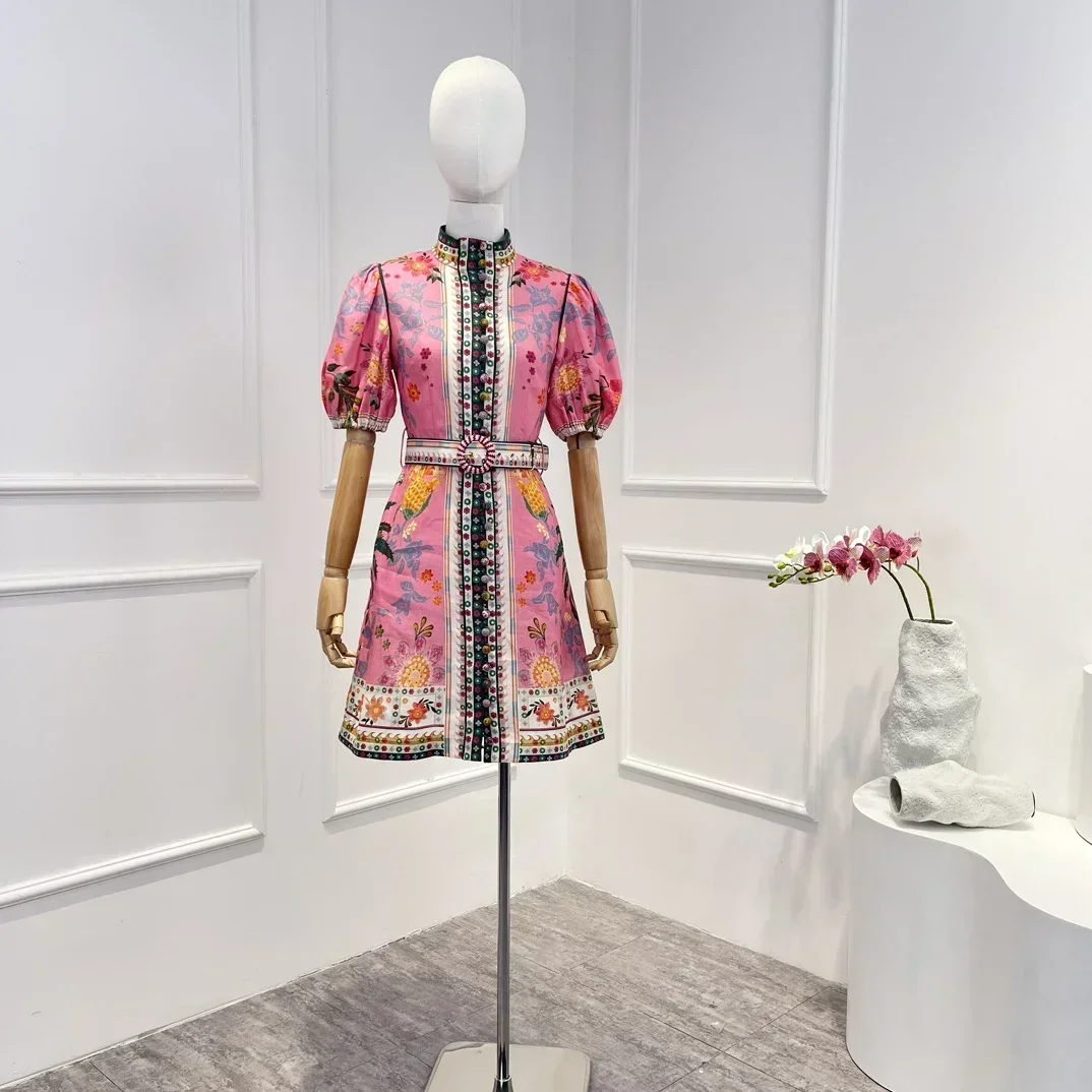 Pink New 2023 Linen Top Quality Spring Summer Floral Printing Short Puff Sleeve Belt Vintage Buttons Mini Dress for Woman
Pink New 2023 Linen Top Quality Spring Summer Floral Printing Short Puff Sleeve Belt Vintage Buttons Mini Dress for Woman