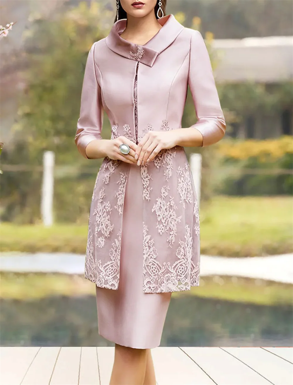 

Two Piece Sheath Column Mother of the Bride Dress Elegant Wrap Included Jewel Neck Knee Length Lace Charmeuse 3/4 Length Sleeve