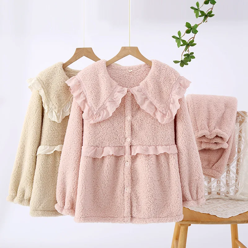 QSROCIO Women's Pajamas Set Thick Warm Flannel Solid Color Sleepwear Casual Lace Large Lapel Homewear Femme New for Winter
QSROCIO Women's Pajamas Set Thick Warm Flannel Solid Color Sleepwear Casual Lace Large Lapel Homewear Femme New for Winter