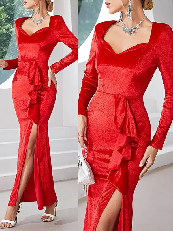 Velvet Sexy Square Neck Long Sleeve Slim Fit Ruffle Edge Split Dress Fashion Elegant Temperament Banquet Dress Women Long Shirt
Velvet Sexy Square Neck Long Sleeve Slim Fit Ruffle Edge Split Dress Fashion Elegant Temperament Banquet Dress Women Long Shirt