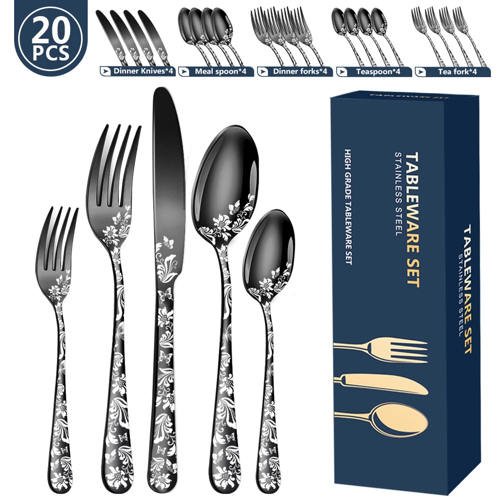 20Pcs Stainless Steel Cutlery Set Luxury Gold Western Tableware Kitchen Utensils Dinner Knife Fork Spoon Flower Pattern Handle
20Pcs Stainless Steel Cutlery Set Luxury Gold Western Tableware Kitchen Utensils Dinner Knife Fork Spoon Flower Pattern Handle