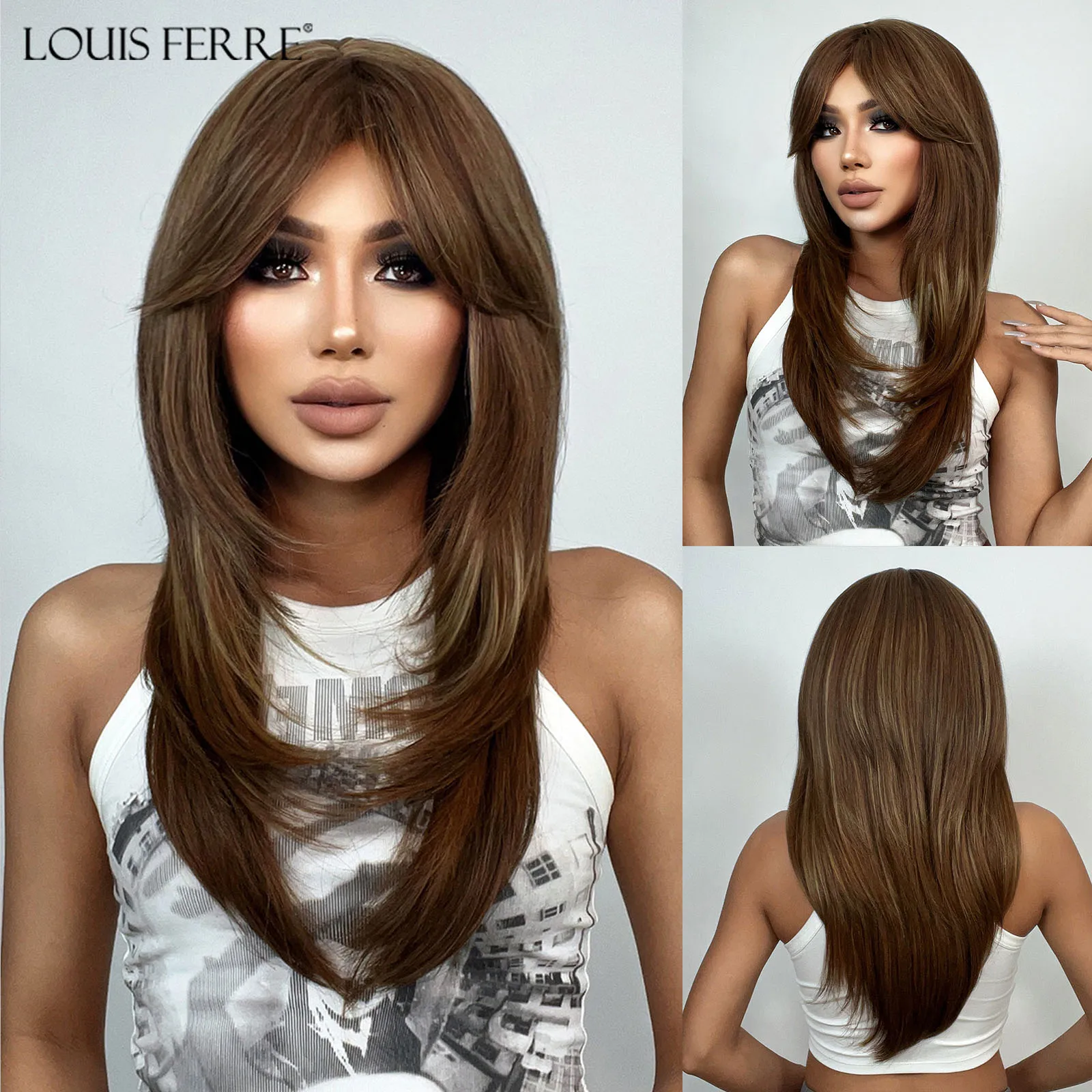 

LOUIS FERRE Long Brown Straight Synthetic Wigs with Bangs Layered Hair Wigs for Black Women Daily Cosplay Heat Resistant Wig