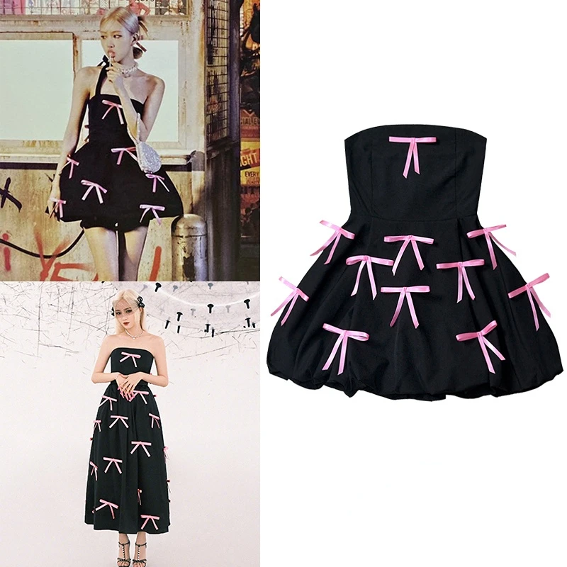 

Kpop Girl Group ROSE 2023 Fashion Summer Women Black Off-Shoulder Bow Dress Sexy Sleeveless Club Celebrity Evening Party Dresses