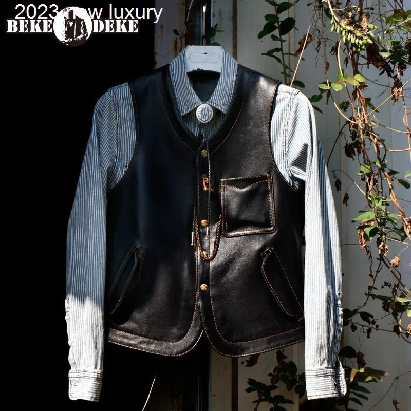 Style New British Mens Genuine Leather V-Neck Pockets Single Breasted Sleeveless Vest Cowhide Fashion Vintage Vest Jacket
Style New British Mens Genuine Leather V-Neck Pockets Single Breasted Sleeveless Vest Cowhide Fashion Vintage Vest Jacket