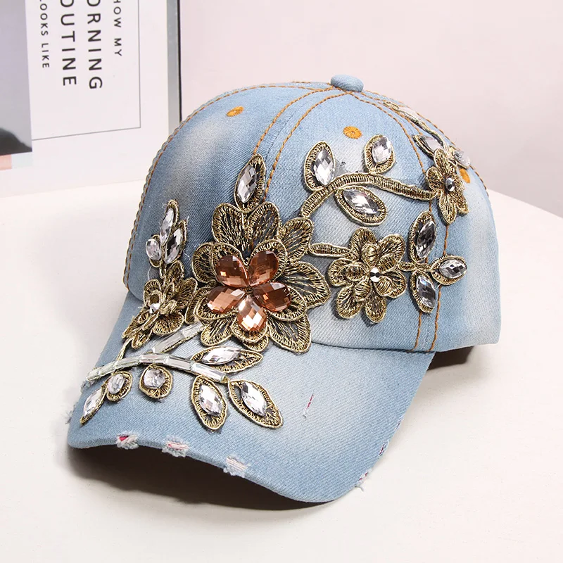

Applique Diamond Spring and Summer Cowboy Ladies Baseball Cap Fashion Rhinestone Ponytail Peaked Cap Personality Wild Sun Hat