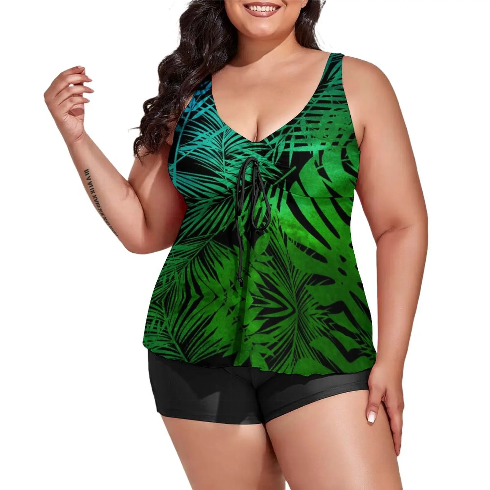 

Palm Leaf Print Swimsuit Green Ombre Tropical Tankini Swimwear 2 Pieces Design Bathing Suit Women Sexy Fitness Stylish Beachwear