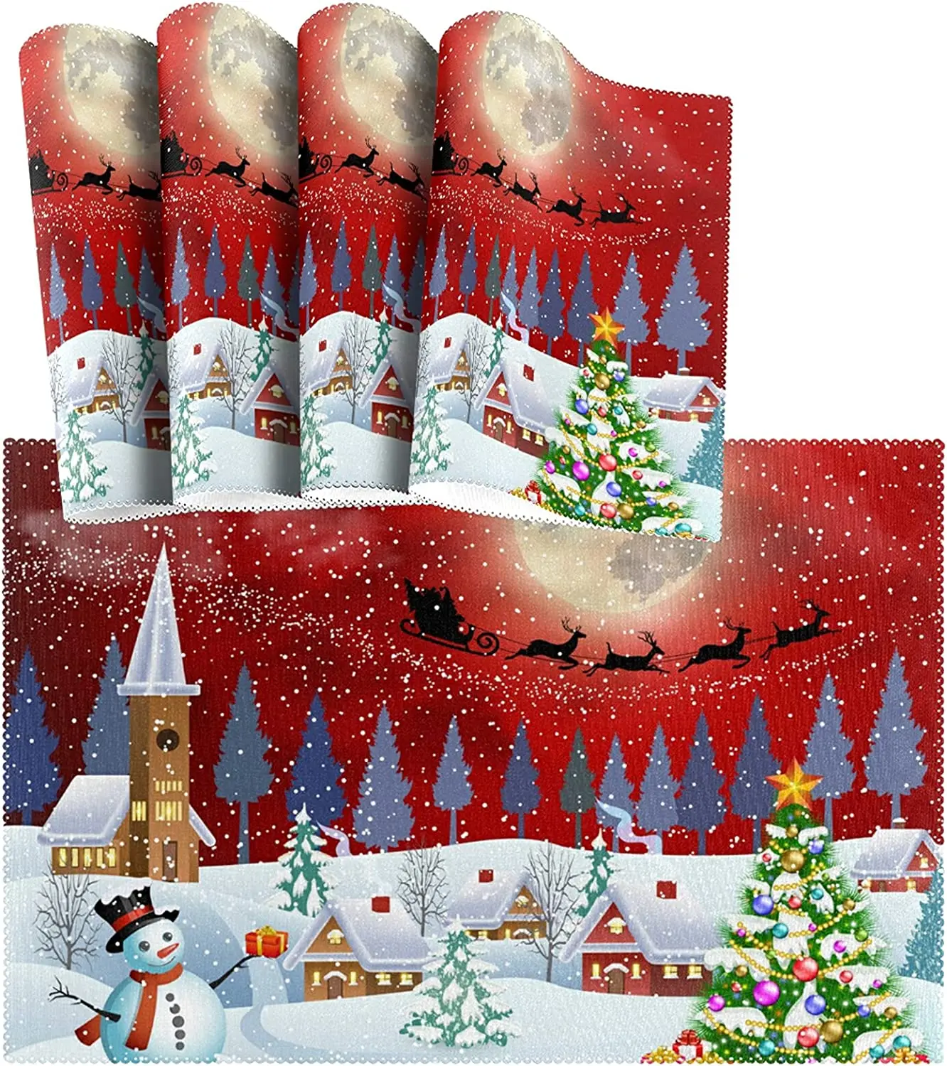 

Winter Holdiay Placemats Set of 4 Christmas Tree Snowman Santa Clause Reindeer Heat Resistant Washable Table Place Mats