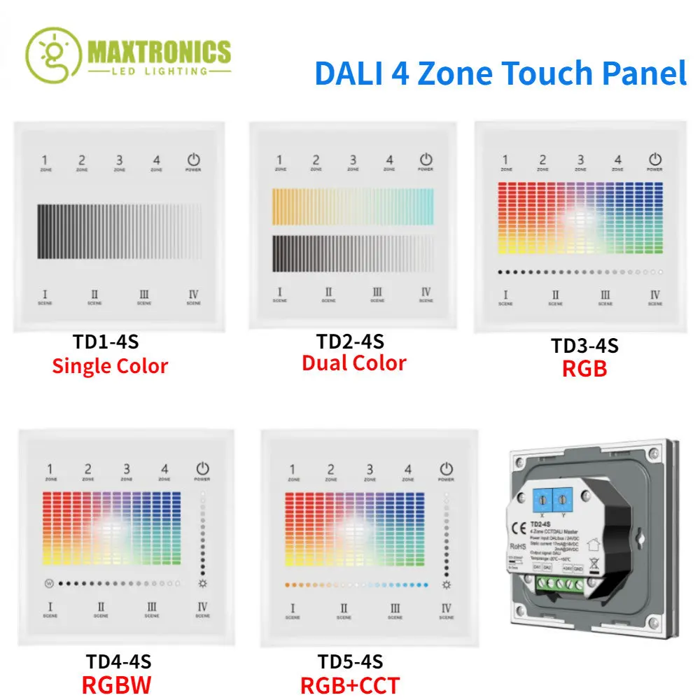 4Zone Wall Mounted Touch Panel 1-5Color DALI Dimmer Switch Powered DALI Bus or 24VDC Single Color RGB RGBW RGB+CCT For LED Light
4Zone Wall Mounted Touch Panel 1-5Color DALI Dimmer Switch Powered DALI Bus or 24VDC Single Color RGB RGBW RGB+CCT For LED Light