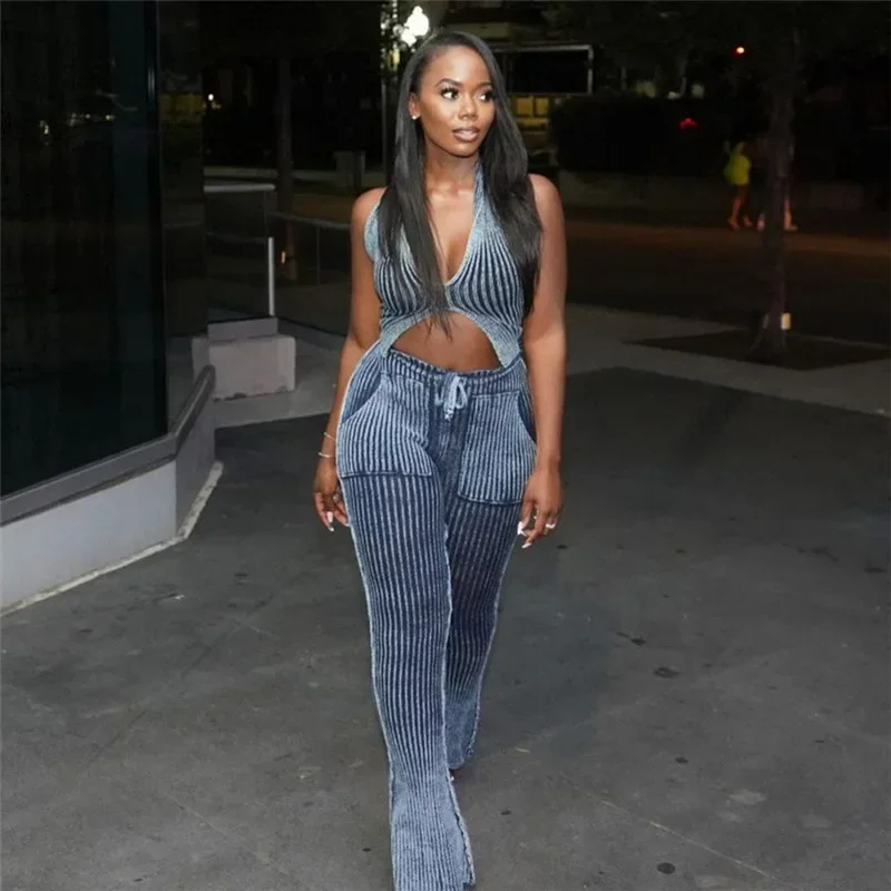 Women Knit Casual Blue Striped Two Piece Set Crochet Halter Deep V-Neck Vest+Pocket Pants Skinny Stretch Matching Sport Outfits
Women Knit Casual Blue Striped Two Piece Set Crochet Halter Deep V-Neck Vest+Pocket Pants Skinny Stretch Matching Sport Outfits
