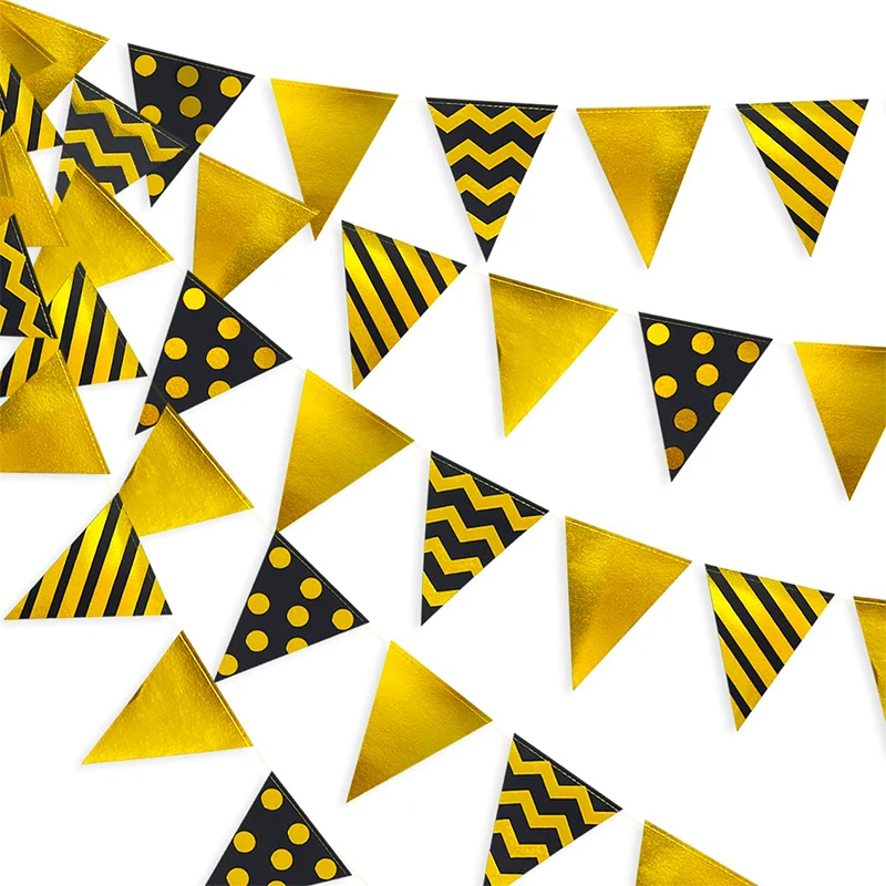 

Черно-золотой треугольный баннер-выемка, фольгированная лента в горошек, бумажные флаги, флажки, гирлянда для дня рождения, украшения для вечеринки