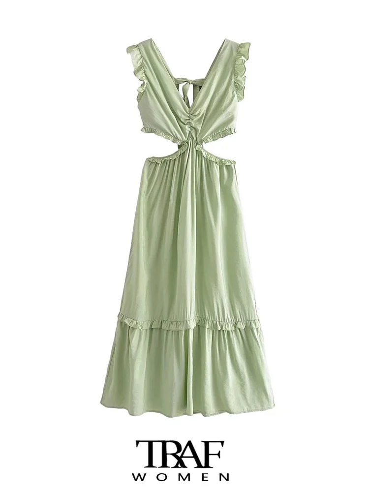 TRAF Women Fashion Hollow Out Ruffled Midi Dress Vintage Backless With Tied Sleeves Female Dresses Vestidos Mujer
TRAF Women Fashion Hollow Out Ruffled Midi Dress Vintage Backless With Tied Sleeves Female Dresses Vestidos Mujer