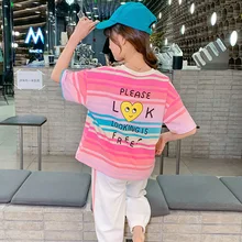 2023 Korea Summer Children Short Sleeve Tops Junior Girl O-Neck T-Shirt Teenager Girl Clothes Elementary Girl Striped Tops