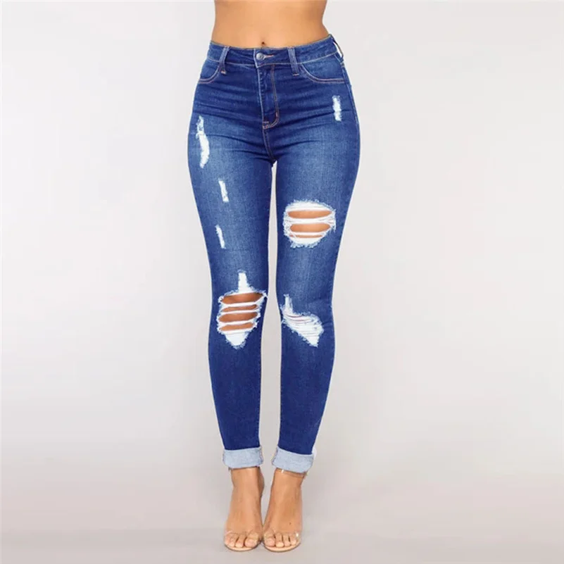 

Повседневные облегающие брюки 2023, женские эластичные рваные джинсы-карандаш с завышенной талией, узкие облегающие джинсовые брюки до щиколотки Y2K на лето