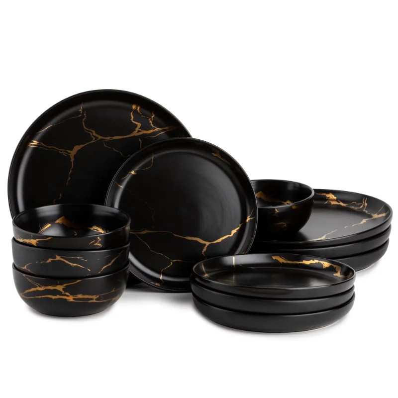 

12 Piece Dinnerware Set Black Marble Dinner Plates Salad Plates Bowls Microwave, Freezer, Dishwasher Safe Made of Stoneware