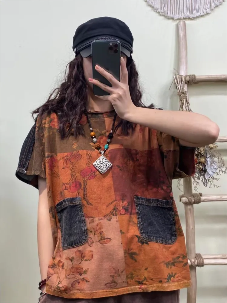 T-shirt Women Cotton Printed Patchwork Short Sleeve O-neck Retro Loose Pullover Female 2022 Summer Top
T-shirt Women Cotton Printed Patchwork Short Sleeve O-neck Retro Loose Pullover Female 2022 Summer Top