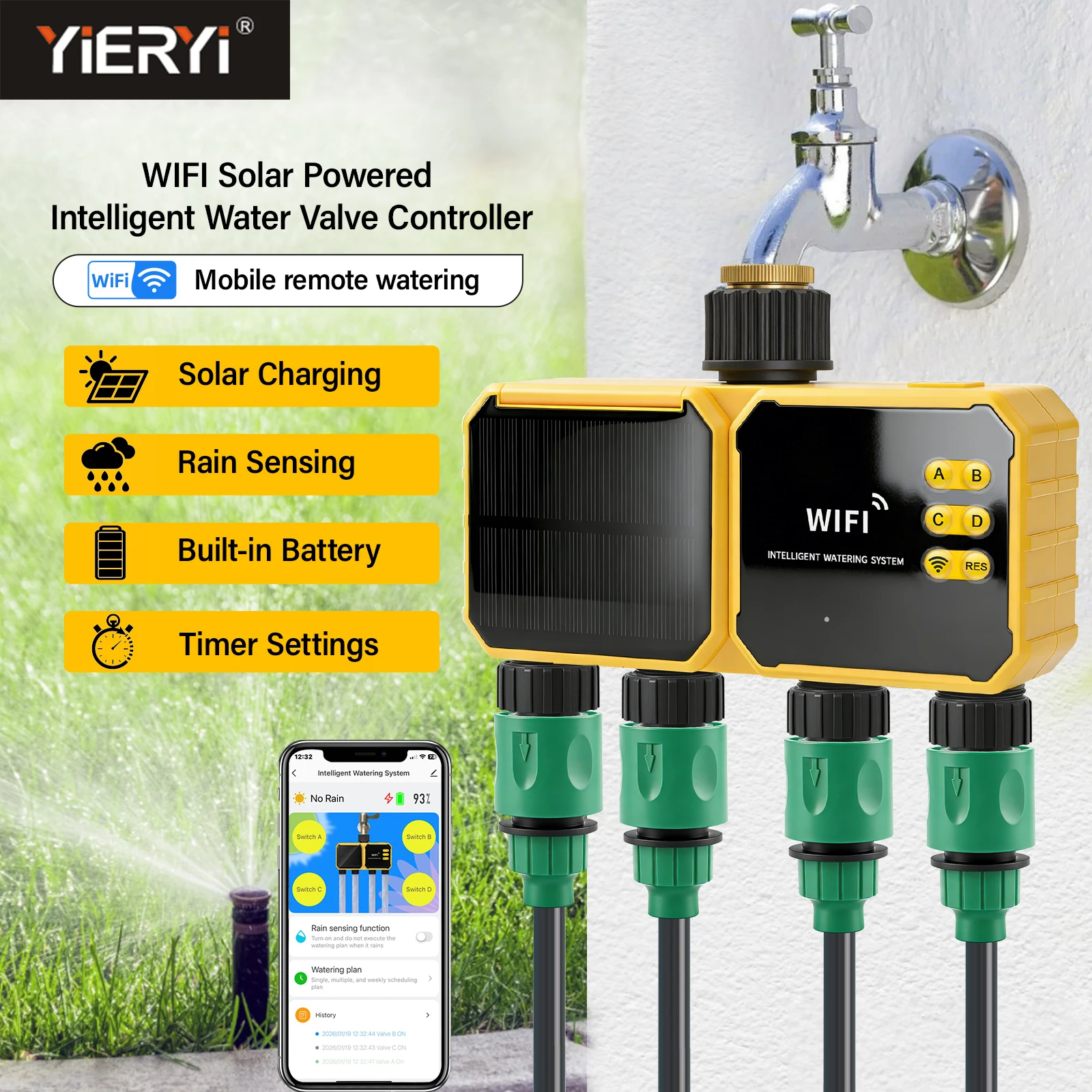 Yieryi Solar WiFi Таймер полива 4 зоны
Yieryi Solar WiFi Таймер полива 4 зоны