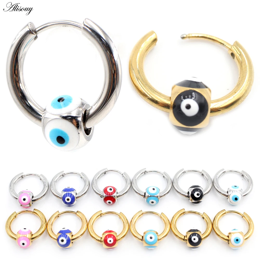 

Alisouy 2PCS Rock Punk Hiphop Stainless Steel Eye Enamel Ball Circle Round Ear Helix Clip Huggie Buckle Women Men Hoop Earrings