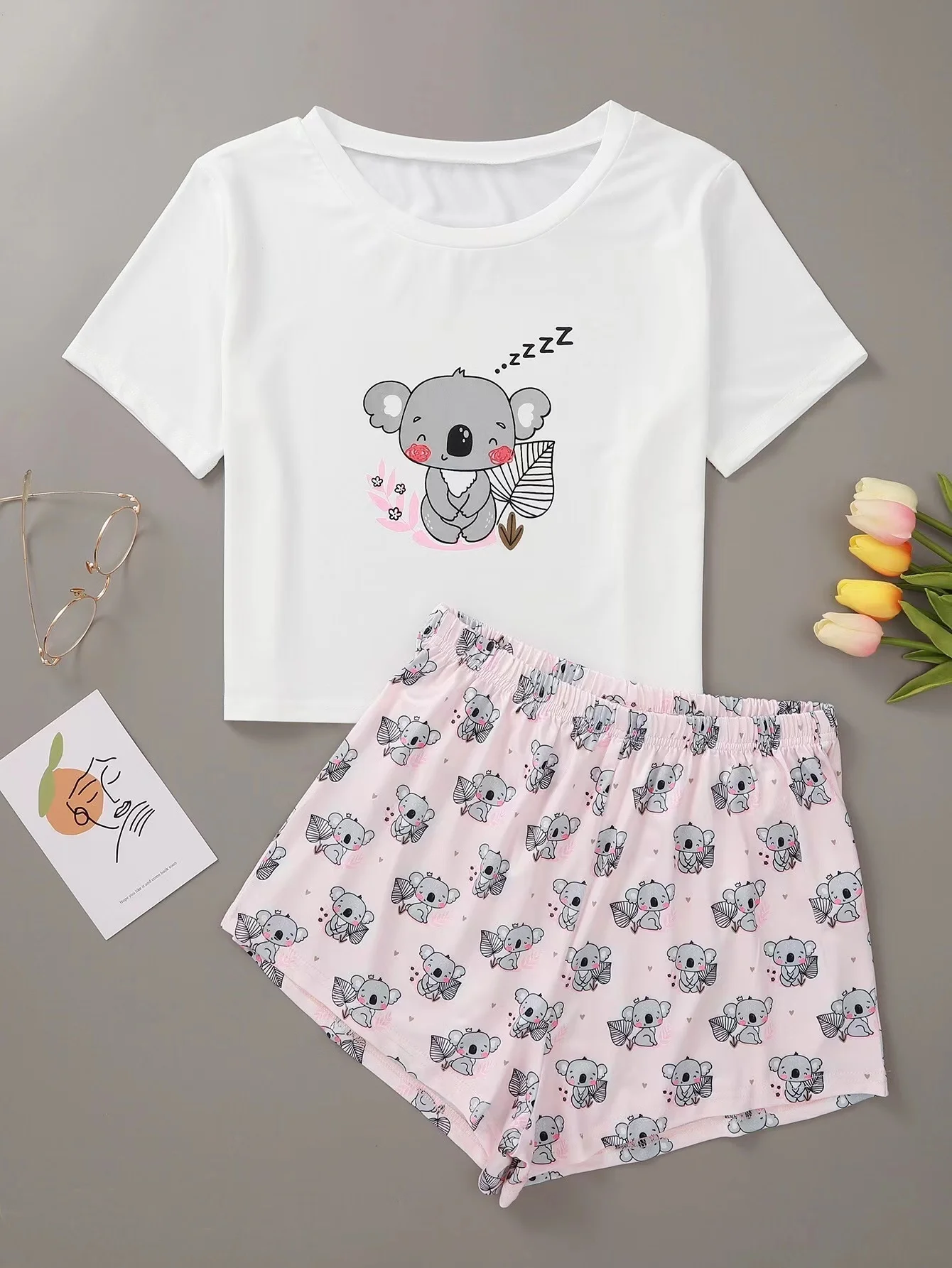 

New Style Women Summer Cartoon Koala Short Sleeve T Shirts & Grid Shorts Pajama Set Cute Comfort Sleepwear Home Suits Underwear