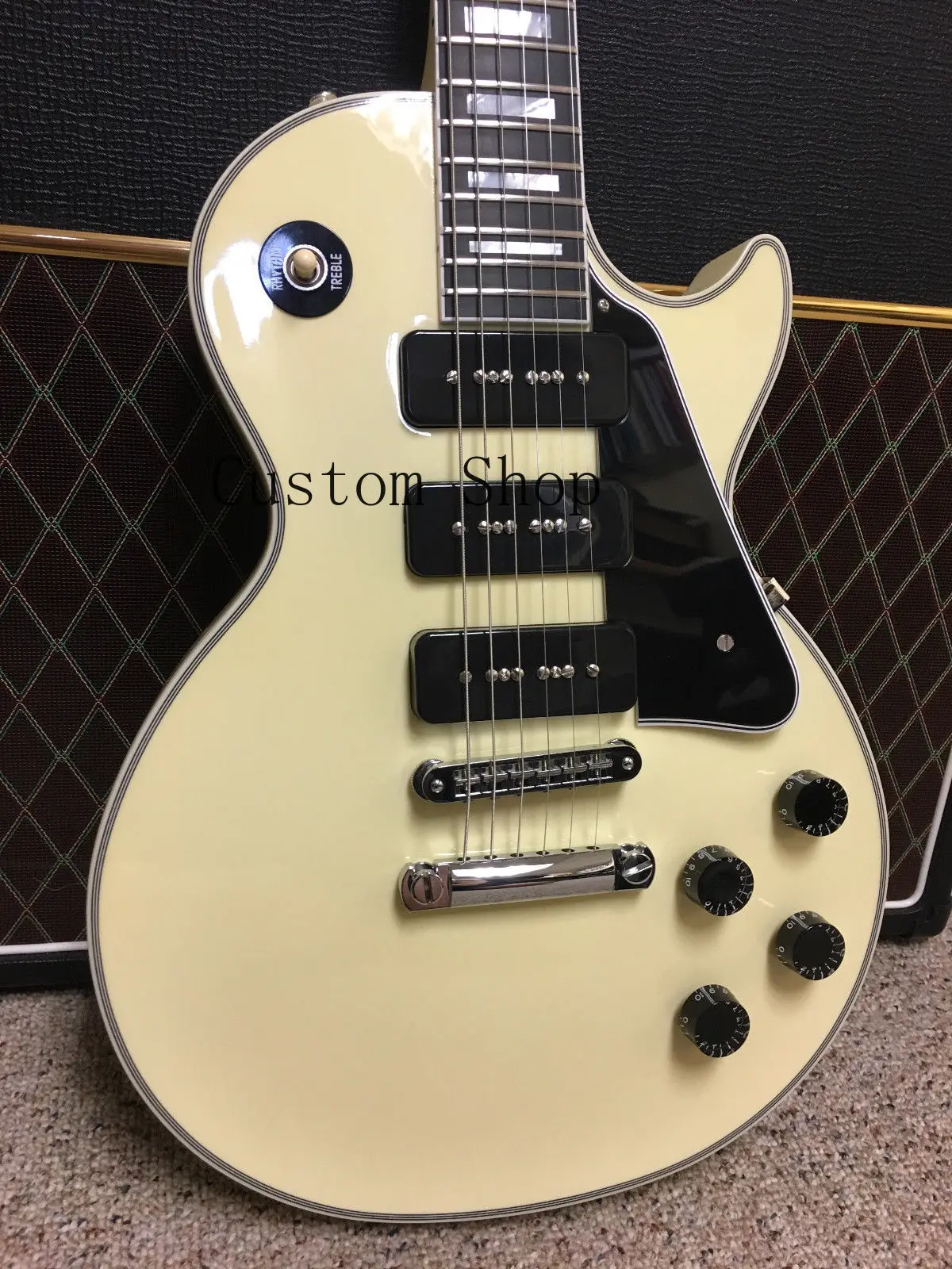 2018 Custom 3 Black P90 P-90 Pickups White Electric Guitar Ebony Fingerboard, Fret Bindings, Little Pin Tone Pro Bridge
2018 Custom 3 Black P90 P-90 Pickups White Electric Guitar Ebony Fingerboard, Fret Bindings, Little Pin Tone Pro Bridge