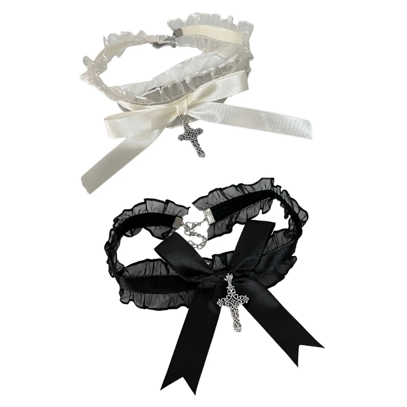 

Cute Ruffle Lace Choker with Bowknot Crosses Pendant Punk Gothic Maid Sweet Collar Accessories Jewelry for Women Girls