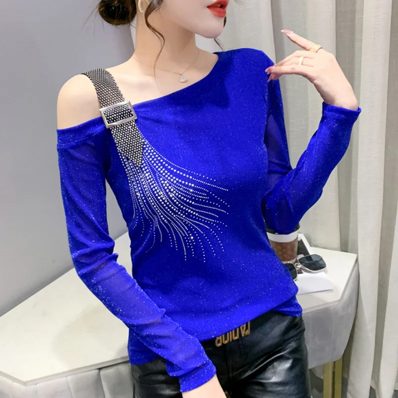 Женская эластичная футболка с открытыми плечами, модная Сетчатая футболка с длинными рукавами и серебристой нитью, осень 2022 
Женская эластичная футболка с открытыми плечами, модная Сетчатая футболка с длинными рукавами и серебристой нитью, осень 2022