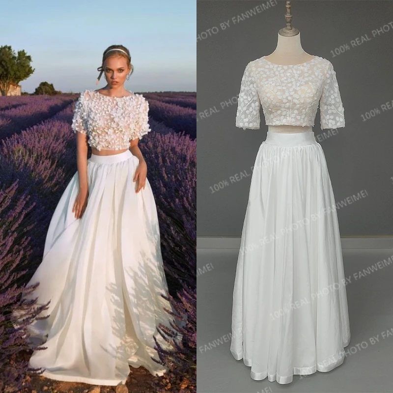 

13122# 100%REAL PHOTO Two Piece Boat Neck Beach Bohemian Chiffon Elegant Ruched Short Lace Appliques Wedding Dress Bridal Gown