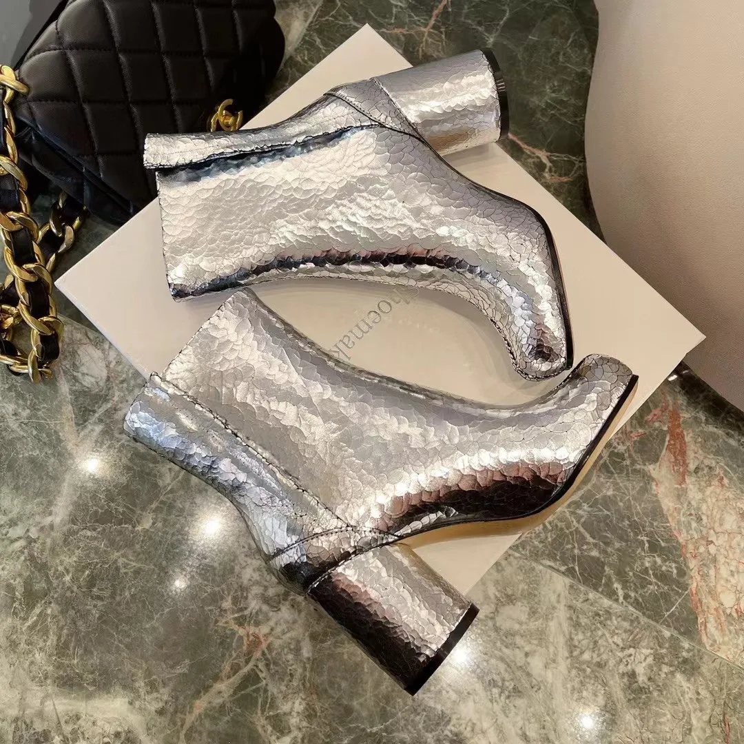 

New Season Paris Tabi Metallic Leather Ankle Boots Cracked Split-toe Japanese Block Heels Shoes Real Photos