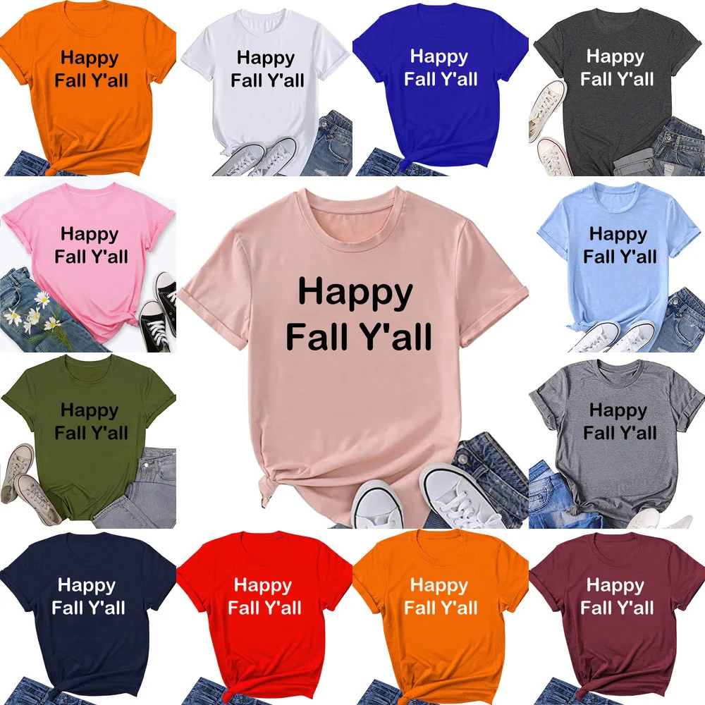 

HAPPY FALL Y'ALL Graphic Tee T Shirt for Women Short Sleeve Summer Graphic Casual Shirts Tee Top ZK003