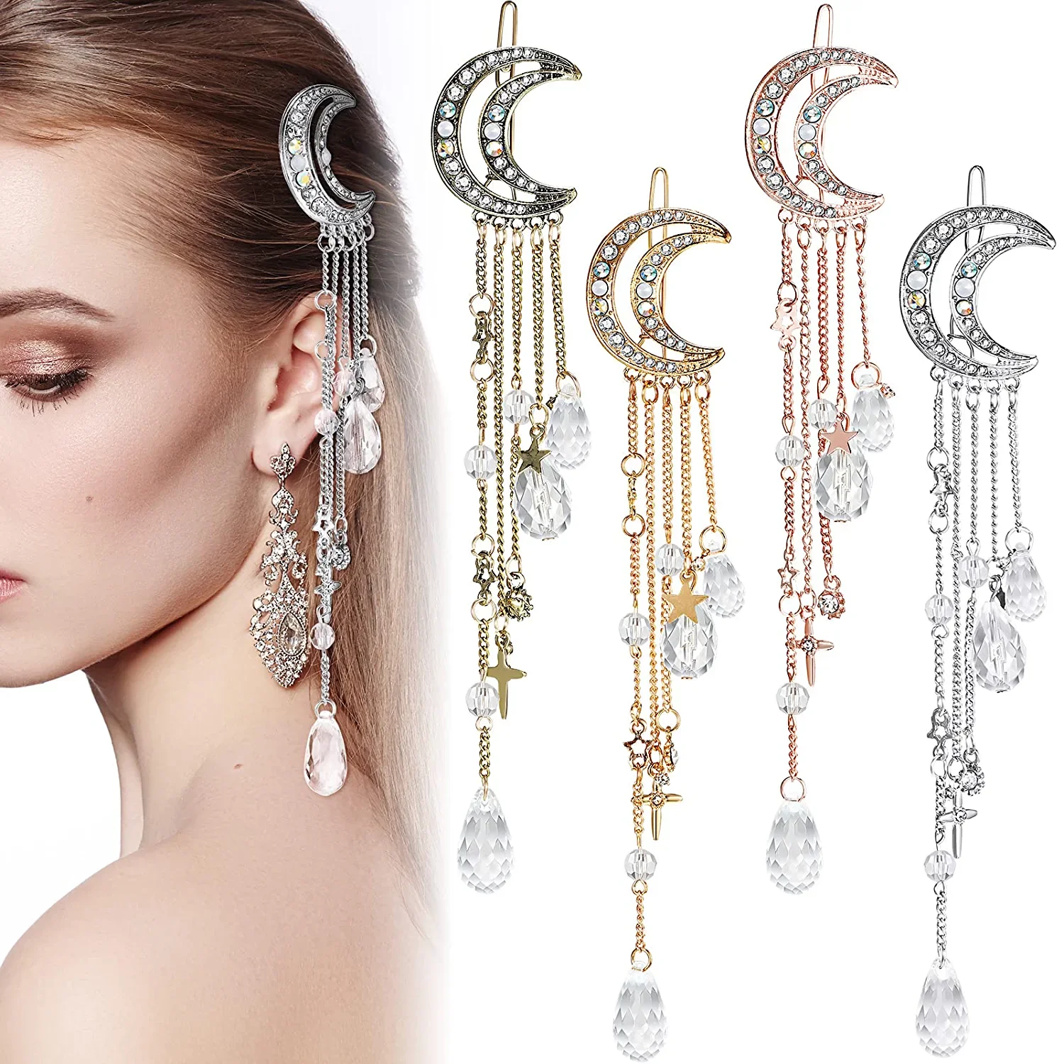 Women Rhinestone Moon Star Charm Hair Clips Crystal Beads Tassel Hairpins Hair Dangle Chain Hair Accessories for Wedding Party
Women Rhinestone Moon Star Charm Hair Clips Crystal Beads Tassel Hairpins Hair Dangle Chain Hair Accessories for Wedding Party