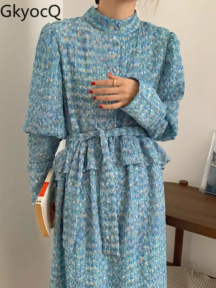 Spring Elegant Stand Collar Lace Up Waist Bubble Sleeve Floral Dress Long Dress Girl 2022 Fashion Blue Long Sleeve Loose Dress
Spring Elegant Stand Collar Lace Up Waist Bubble Sleeve Floral Dress Long Dress Girl 2022 Fashion Blue Long Sleeve Loose Dress