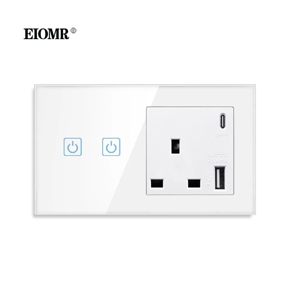 

EIOMR UK Touch Switch with Type-C Interface Outlet 13A 146*86mm Crystal Glass Panel UK Wall Standard Socket with USB Charge Port