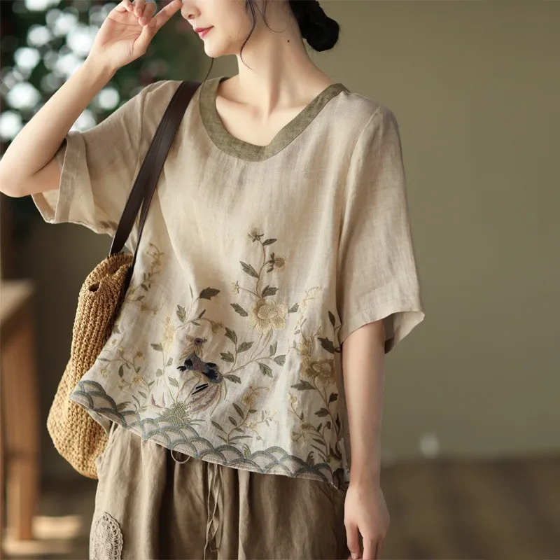 High Quality Ramie T-shirt Women's Summer Fashion Vintage Floral Print Chinese Style Short Sleeve Patchwork O-neck Pullover Tops
High Quality Ramie T-shirt Women's Summer Fashion Vintage Floral Print Chinese Style Short Sleeve Patchwork O-neck Pullover Tops