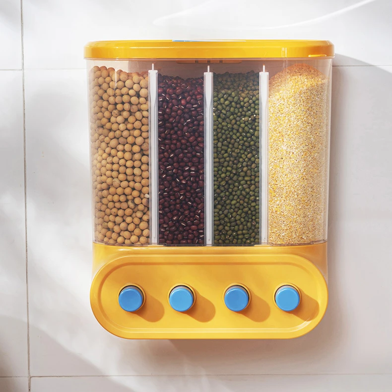 

4 Grids Grain Storage Box Cereal Dispenser Household Rice Storage Bucket Wall-Mounted Press Compartment Kitchen Food Container