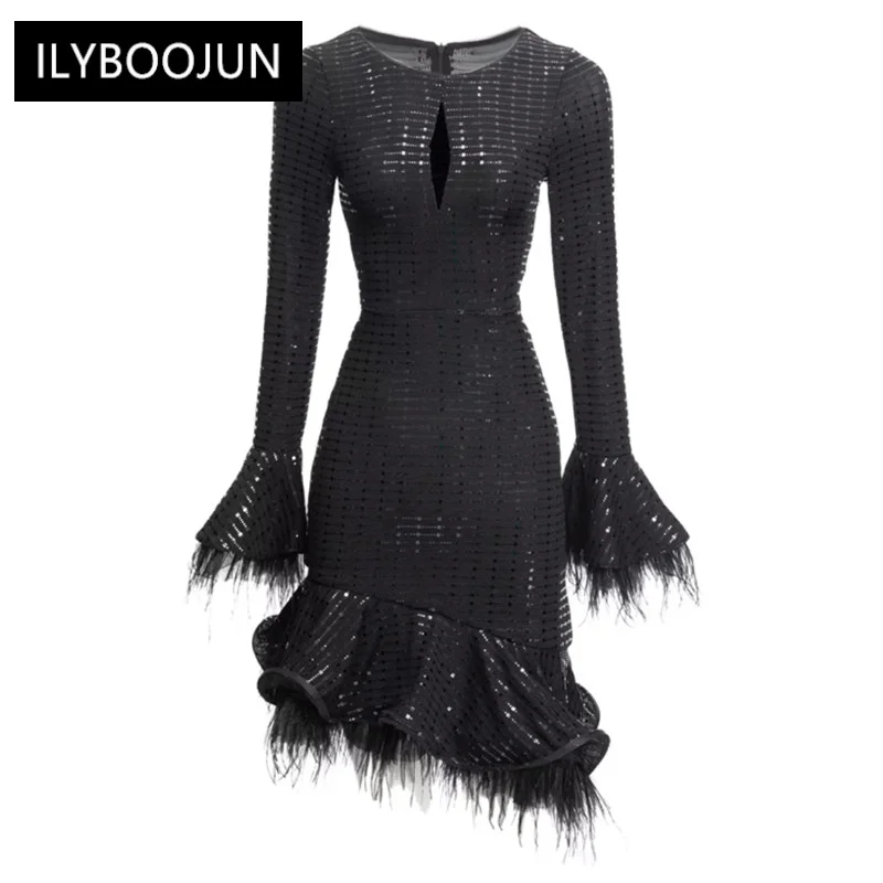 Fall Women's Dresses For Party 2022 Runway Autumn Luxurious Asymmetrical O-neck Flare Sleeve Feathers Patchwork Sequined Dress
Fall Women's Dresses For Party 2022 Runway Autumn Luxurious Asymmetrical O-neck Flare Sleeve Feathers Patchwork Sequined Dress