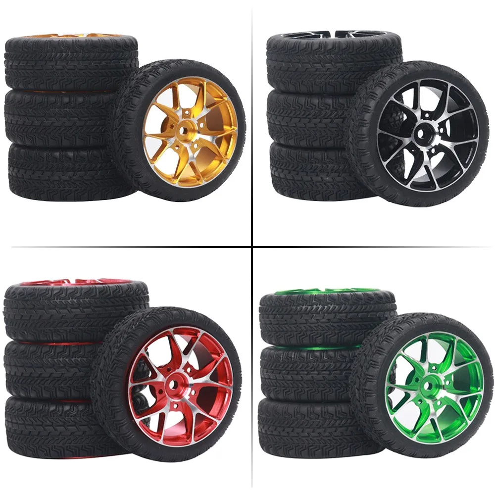 

4 pcs metal rims/hubs+rubber tires Universal 1/10 RC road racing drift HSP 94123/122 Sakura yokomo Kyosho TT01 TT02 WLtoys 12428