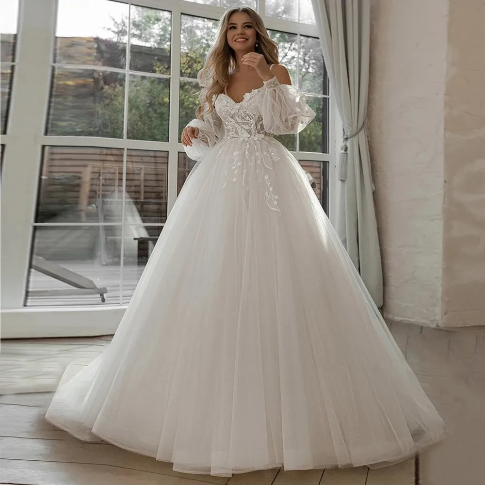 Glitter Wedding Dresses Puff Sleeve Appliques Lace 3D Flowers off Shoulder Tulle Boho Bride Gown vestidos de novia
Glitter Wedding Dresses Puff Sleeve Appliques Lace 3D Flowers off Shoulder Tulle Boho Bride Gown vestidos de novia